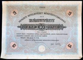 Budapest 1926. Nemzeti Hitelintézet Részvénytársaság részvénye 10P-ről, szárazpecséttel, szelvényekkel T:II hajtatlan, penészfoltos