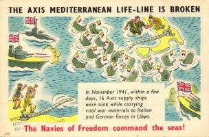 1941 The Axis Mediterranean Life-Line is Broken. The Navies of Freedom command the seas. Anti-German, Anti-Italian propaganda, cartoon humour