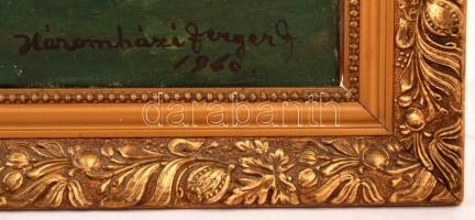 Háromházi Gergely: Pihenő asszonyok. Olaj, vászon, festék kopásokkal, keretben, 50×70 cm