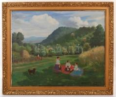 Háromházi Gergely: Pihenő asszonyok. Olaj, vászon, festék kopásokkal, keretben, 50×70 cm