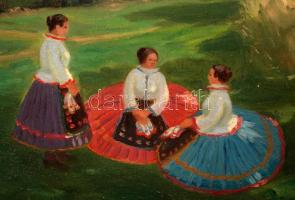 Háromházi Gergely: Pihenő asszonyok. Olaj, vászon, festék kopásokkal, keretben, 50×70 cm