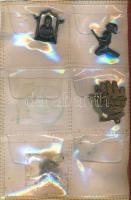 Érdekes kitűzők, gombok, medálok, gyöngyök berakóban, 15 db