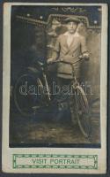 cca 1910-1920 Pesterzsébet, Kerékpáros fiú, keményhátú fotó, hátoldalon feliratozva, 7x11 cm / cca 1910-1920 Boy with bike, 7x11 cm