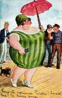 Fat lady, humour, watermelon bathing suit