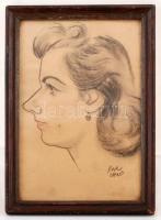 Olvashatatlan jelzéssel: Női fej. Szén, papír, üvegezett keretben, 25×16 cm
