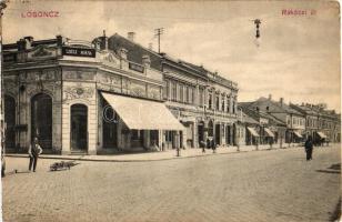 Losonc, Rákóczi út, Emke kávéház, Szűsz Miksa üzlete, kiadja Greiner Simon / street, cafe, shop (EK)