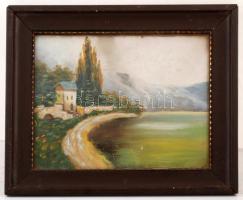 Jelzés nélkül: Ház a tóparton. Olaj, farost, üvegezett keretben, 20×25 cm
