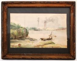 Vass jelzéssel: Halász csonak. Akvarell, papír, üvegezett keretben, papír hajtott, 17×27 cm