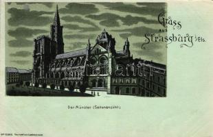 Strasbourg Cathedral at night, litho (cut)