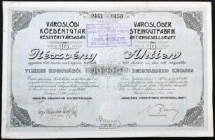 Budapest 1920. Városlődi Kőedénygyár Részvénytársaság 10db részvénye egyenként 1000K-ról, szelvényekkel, bélyegzéssel és szárazpecséttel T:III