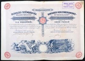 Budapest 1926. Borsodi Szénbányák Részvénytársaság 10 részvénye egyenként 10P-ről szelvényekkel, felülbélyegzéssel T:II-
