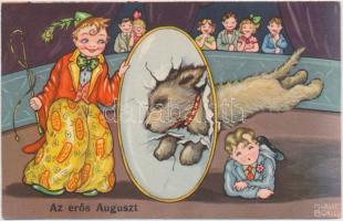 Az erős Auguszt / Circus, children, dog, Italian art postcard, Amag 0387. s: Margret Boriss