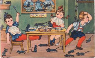 Children, Italian art postcard, humour, rat, Amag 0414. s: Margret Boriss