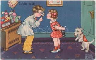 Súlyos eset / Children, humour, Italian art postcard, Amag 0380. s: Margret Boriss (EK)