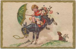 Italian art postcard, child, donkey, Degami 2145. s: V. Castelli (EK)