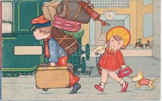 Italian art postcard, child, humour, train, Amag 0320.