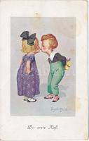 Der erste Kuss / Children kiss, humour, A.R. & Co. I.B. 1652-4. s: Donald McGill (EK)