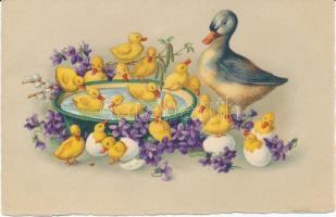 Ducks, flowers, litho