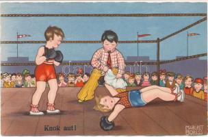 Knock out / Children, humour, box match, Italian art postcard, Amag 0383. s: Margret Boriss