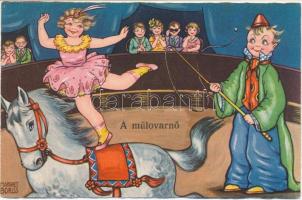 A műlovarnő / Children, humour, circus, Italian art postcard, Amag 0387. s: Margret Boriss