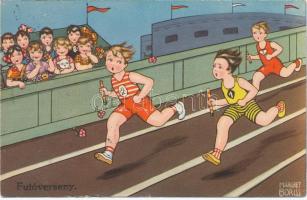 Futóverseny / Children, humour, running race, Italian art postcard, Amag 0383. s: Margret Boriss