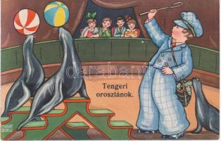 Tengeri oroszlánok / Circus, children, humour, seal, Italian art postcard, Amag 0387. s: Margret Boriss