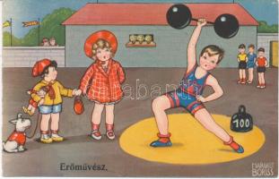 Erőművész / Children, humour, weight lifter, Italian art postcard, Amag 0383. s: Margret Boriss
