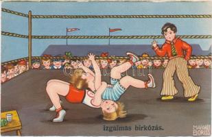 Izgalmas birkózás / Children, humour, wrestling match, Italian art postcard, Amag 0383. s: Margret Boriss