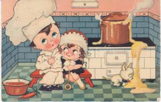 Children couple, cook, kitchen, humour, Amag 0286.