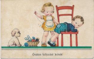 Óvatos foltozást kérek / Children couple, humour, Nr. 2131. (Rb)