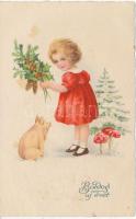 New Year, girl with pig, mushrooms, 3483. litho (Rb)