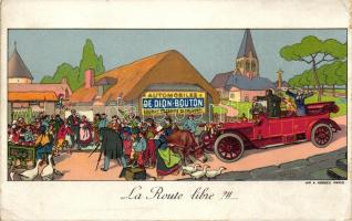 La Route libre?!! Automobiles de Dion-Bouton / French automobile company, mock advertising art postcard (EK)