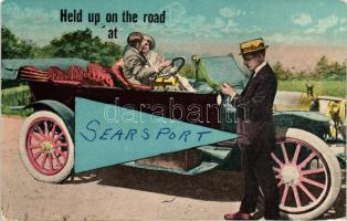 Held up on the road at Searsport; romantic early automobile-era postcard