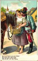 Speis und Trank betam mein Rösschen... / K.u.K. cavalryman, romantic litho postcard, Cs. és kir. hadsereg lovas katonája, romantikus litho képeslap