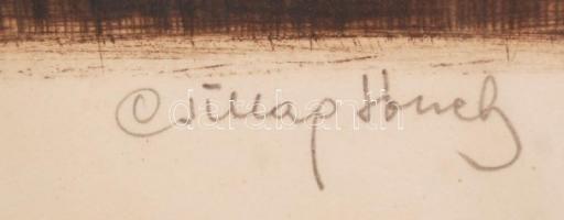 Csillag József (1894-1977): A csárdában. Rézkarc, papír, jelzett, üvegezett antik keretben, 34×28 cm