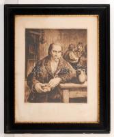 Csillag József (1894-1977): A csárdában. Rézkarc, papír, jelzett, üvegezett antik keretben, 34×28 cm