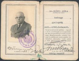 1937 Bp., M. Kir. Budapesti 1. Honvéd Vegyesdandárparancsnokság által Dr. Szőnyi Gyula gyalogsági hadnagy részére katonai szolgálata emlékére kiállított emléklap