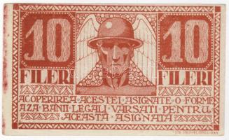 Temesvár 1919. 10f román szövegű szükségpénz, erős festéknyomokkal, hátoldalán erősen balra és felfelé csúszva!