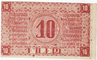 Temesvár 1919. 10f román szövegű szükségpénz, erős festéknyomokkal, hátoldalán erősen balra és felfe...