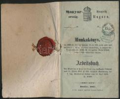 1866 Mézeskalácsos számára kiállított munkakönyv belsejében viaszpecséttel, 15 kr okmánybélyeggel, bejegyzésekkel