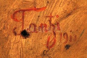 Antik képkeret apró hibákkal, benne olaj kép lövés nyomokkal, belső: 70×25 cm, külső:85×38 cm