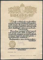 1928 Az Országos Magyar Hadimúzeum Egyesület által kiállított emléklap a múlt emlékeinek őrzéséről és fontosságáról, rajta József főherceg nyomtatott aláírásával