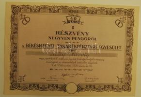 1939. Békésmegyei Takarékpénztári Egyesület részvénye 40Pengőről