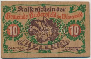Ausztria / Hadersfeld im Wienerwald 1920. 10h fa pénztárjegy T:I Austria / Hadersfeld im Wienerwald 1920. 10 Heller wooden treasury note C:Unc