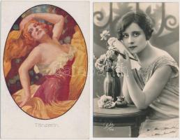 35 db vegyes motívum lap albumban, főként üdvözlőlapok és hölgyeket ábrázoló lapok, benne néhány lit...