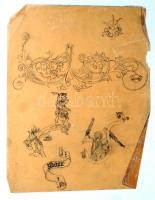 Ligeti Sándor: Ablaküveg tervrajz 2db. Vegyes technika, papír, egyik pecséttel jelzett, sérült, 30×2...