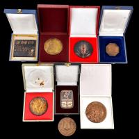 8db klf magyar és külföldi plakett főleg eredeti és nem hozzátartozó tokokkal a szocialista időszakból, közte 1979. "IV. E.F.O.T.T. Nyíregyháza" Br plakett, "Kiváló Társadalmi Munkáért" fém plakett (89mm) T:2