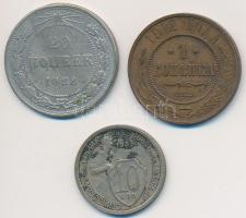 Vegyes: Orosz Birodalom 1912. 1k Cu + Szocialista Szövetségi Szovjet Köztársaság 1923. 20k Ag + Szovjetunió 1933. 10k Cu-Ni T:2,2- Mixed: Russian Empire 1912. 1 Kopek Cu + Russian Socialist Federated Soviet Republic 1923. 20 Kopeks Ag + Soviet Union 1933. 10 Kopeks Cu-Ni C:XF,VF