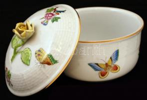 Herendi Viktória mintás bonbonier, kézzel festett, a rózsán apró lepattanással, jelzett, m: 10 cm, d...