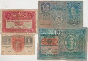 1912. 100K + 1913. 20K + 1916. 1K + 1917. 2K mindegyik "Deutschösterreich" felülbélyegzéss...